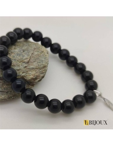 Bracelet perles agates noires pour femmes avec une plume en argent.