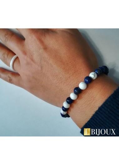 Bracelet femme ou homme extensible perles de lapis lazuli et 5 howlites