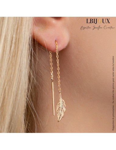 Boucles d'oreilles femme pendantes plumes plaque or jaune - pendantes -  edora