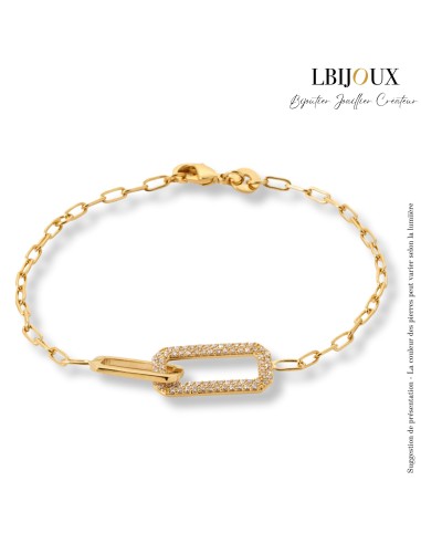 Bracelet en plaqué or pour femme avec 2 gros anneaux au centre rectangle. Un empierré. Longueur 18 cm.