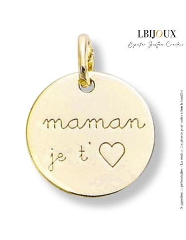 Médaille d'amour en plaqué or pour Mamans. Pendentif plaqué or gravée Maman je t'aime. Vendu seul