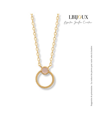 Collier plaqué or maille forçat avec un pendentif cercle ajouré perlé et une améthyste, quartz rose ou agate bleue